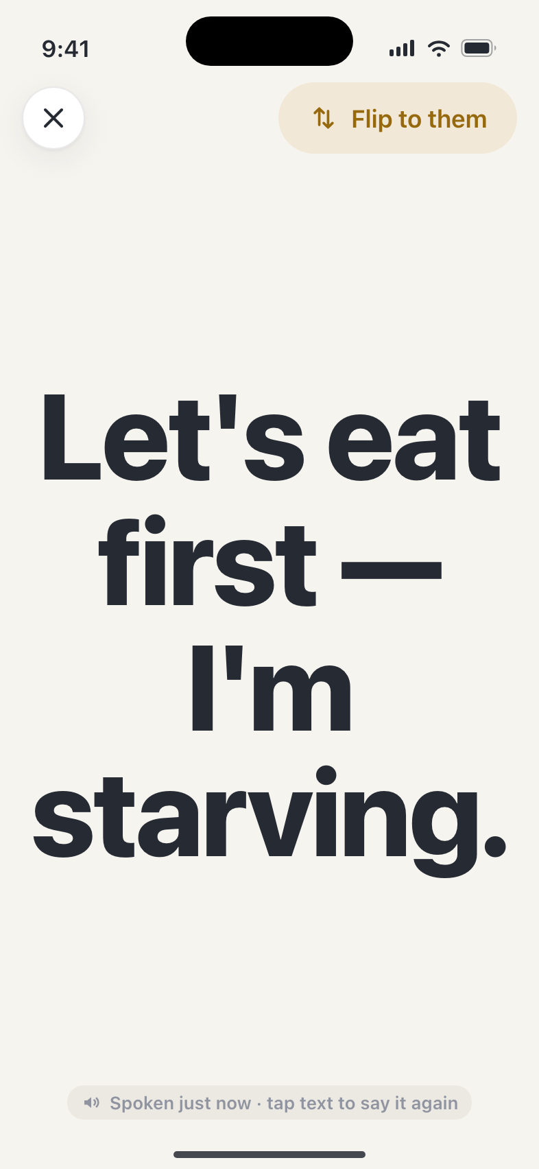 Display mode filling the screen with a message in huge text: 'Let's eat first — I'm starving.', with a Flip-to-them button.