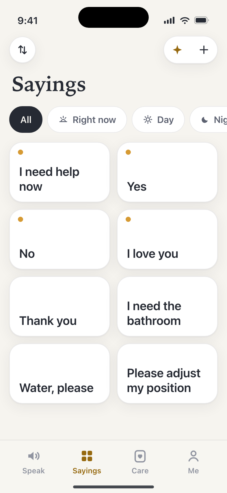 The Sayings board: a grid of large phrase tiles like 'I need help now', 'Yes', and 'I love you', with pinned favorites marked by a gold dot.